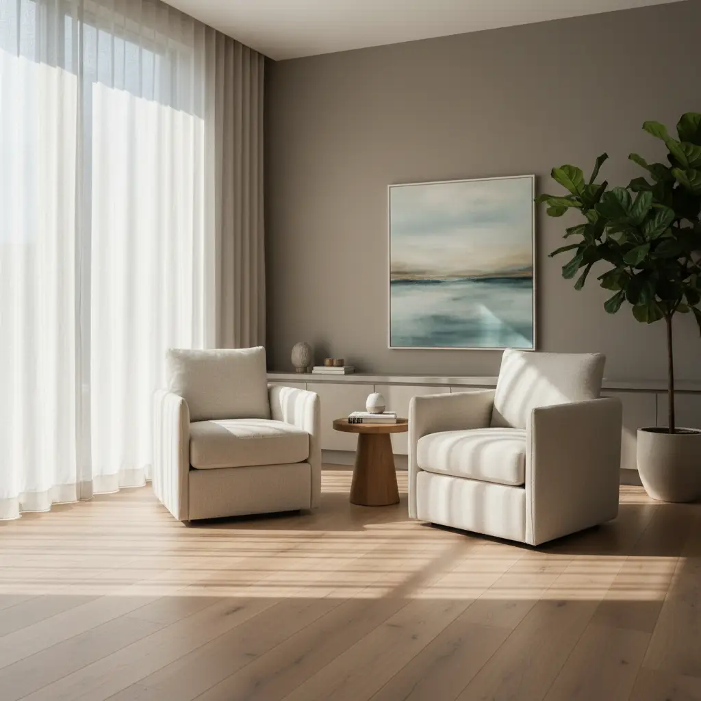 Softly lit therapy room with two chairs